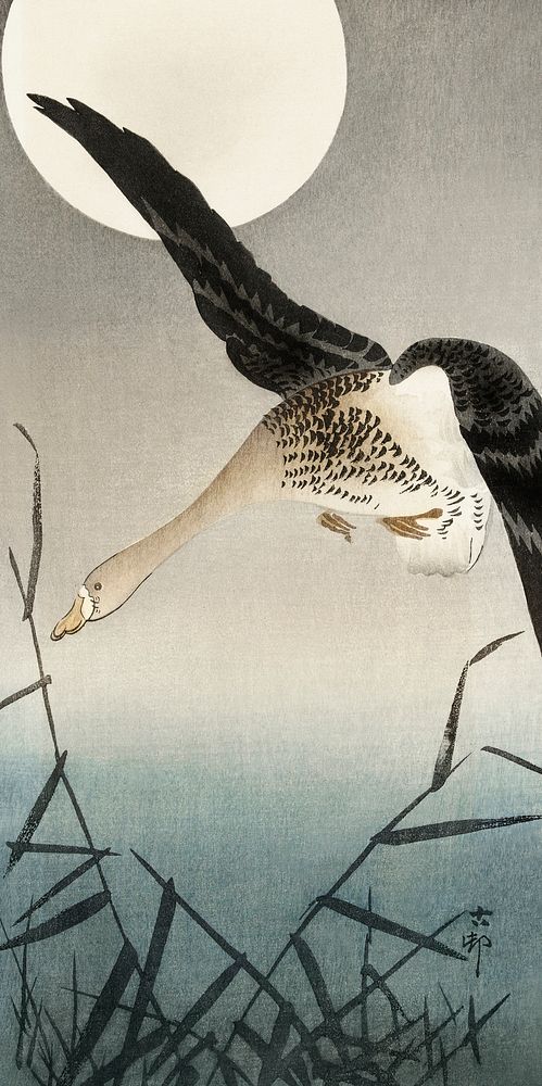 White-fronted goose at full moon (1900 - 1930) by Ohara Koson (1877-1945). Original from The Rijksmuseum. Digitally enhanced…
