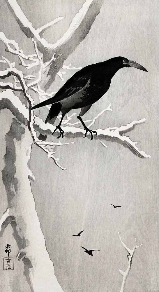 Crow on snowy tree branch (1900 - 1936) by Ohara Koson (1877-1945). Original from The Rijksmuseum. Digitally enhanced by…