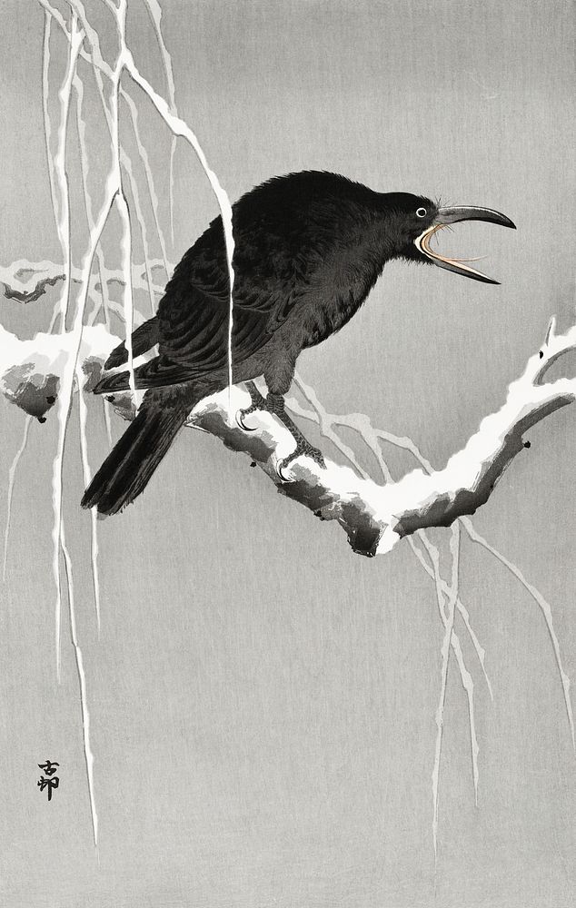 Crow on snowy tree branch (1900 - 1945) by Ohara Koson (1877-1945). Original from The Rijksmuseum. Digitally enhanced by…