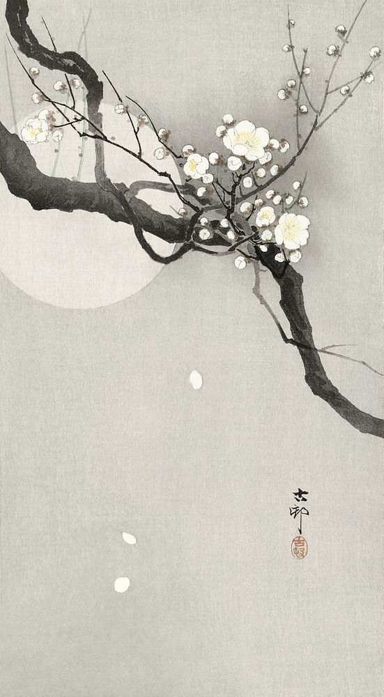 Plum blossom and full moon (1900 - 1936) by Ohara Koson (1877-1945). Original from The Rijksmuseum. Digitally enhanced by…