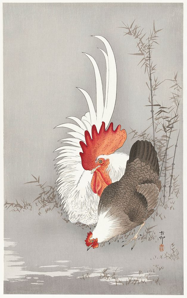 Rooster and chicken (1900 - 1930) by Ohara Koson (1877-1945). Original from The Rijksmuseum. Digitally enhanced by rawpixel.