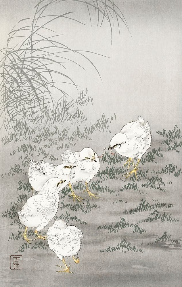 Five chicks (1900 - 1936) by Ohara Koson (1877-1945). Original from The Rijksmuseum. Digitally enhanced by rawpixel.