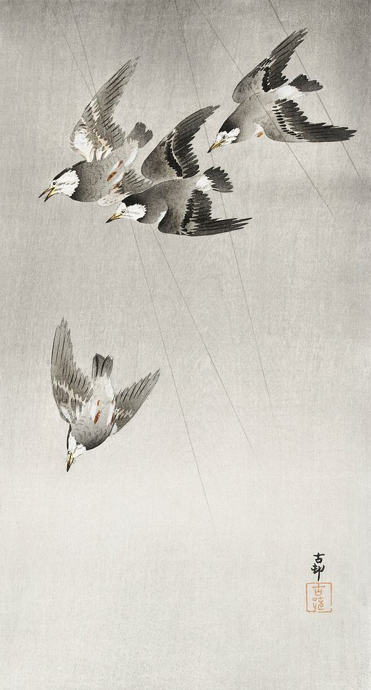 Starlings in the rain (1900 - 1930) by Ohara Koson (1877-1945). Original from The Rijksmuseum. Digitally enhanced by…