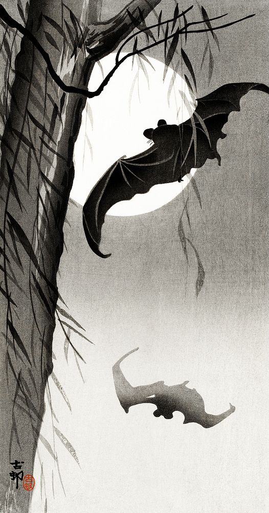 Bats under the full moon (1900-1936) by Ohara Koson (1877-1945). Original from The Rijksmuseum. Digitally enhanced by…