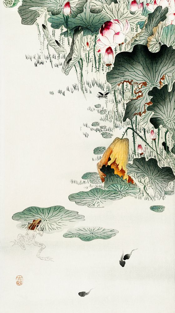 Frog and tadpoles (1900 - 1930) by Ohara Koson (1877-1945). Original from The Rijksmuseum. Digitally enhanced by rawpixel.