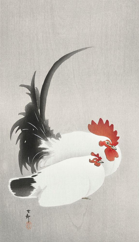 Rooster and hen (1900 - 1930) by Ohara Koson (1877-1945). Original from The Rijksmuseum. Digitally enhanced by rawpixel.