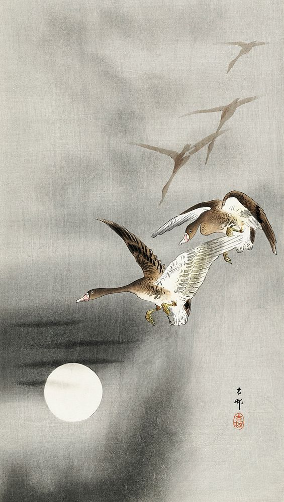 Geese in flight (1900 - 1930) by Ohara Koson (1877-1945). Original from The Rijksmuseum. Digitally enhanced by rawpixel.