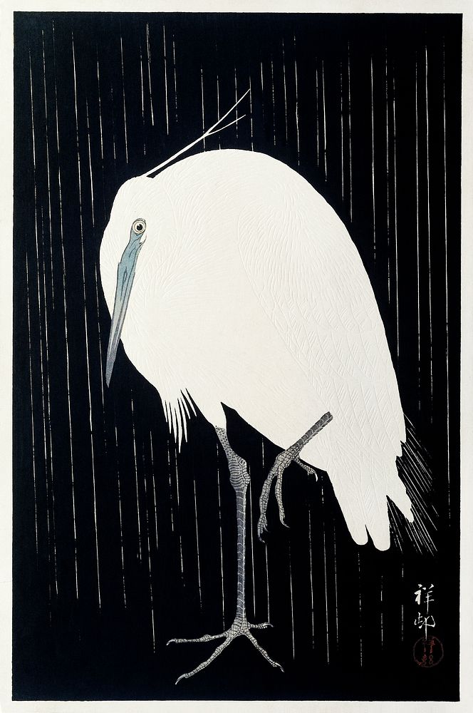 Egret in the rain (1925 - 1936) by Ohara Koson (1877-1945). Original from The Rijksmuseum. Digitally enhanced by rawpixel.