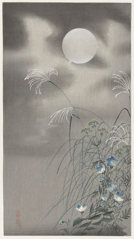 Grass and flowers at full moon (1900 - 1930) by Ohara Koson (1877-1945). Original from The Rijksmuseum. Digitally enhanced…