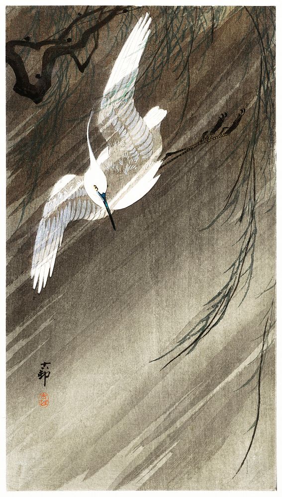 Egret in storm (1900 - 1936) by Ohara Koson (1877-1945). Original from The Rijksmuseum. Digitally enhanced by rawpixel.