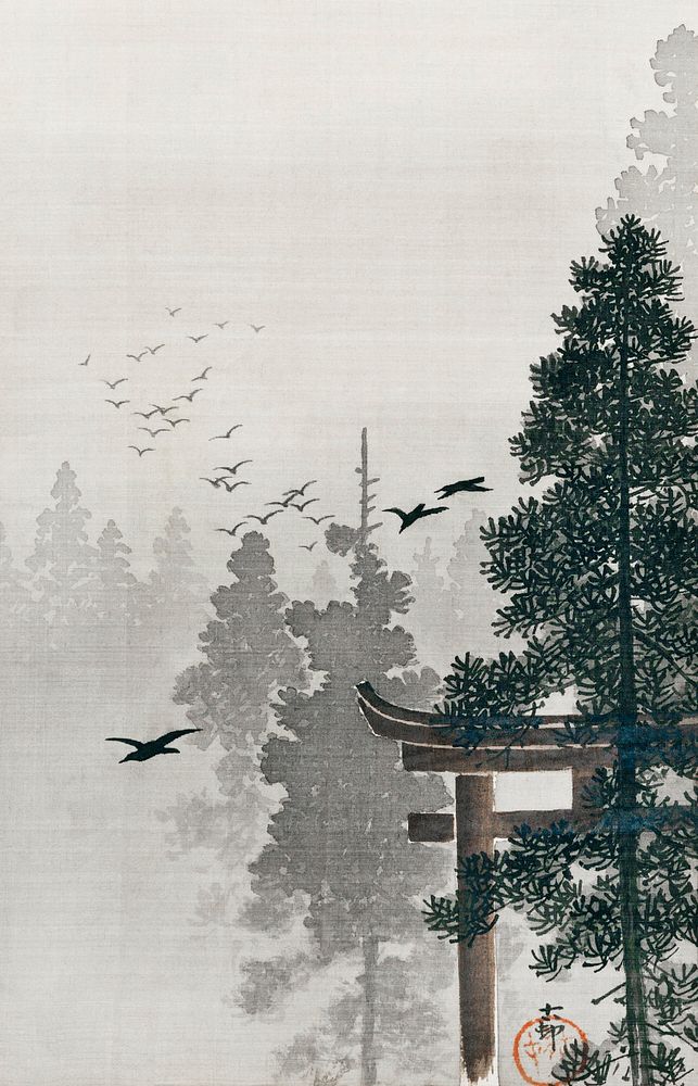 Flock of birds and a torii gate in a pine tree forest (1877-1945) by Ohara Koson (1877-1945). Original from The Rijksmuseum.…