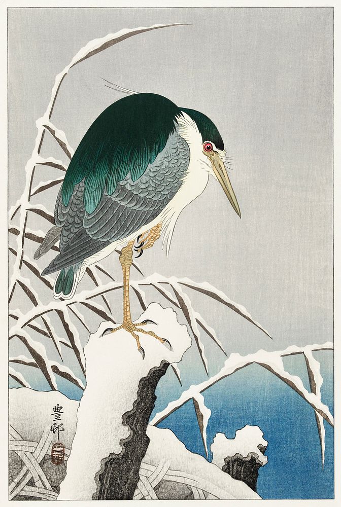 Heron in snow (1920 - 1930) by Ohara Koson (1877-1945). Original from The Rijksmuseum. Digitally enhanced by rawpixel.