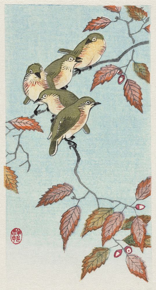 Birds on a branch (1900 - 1936) by Ohara Koson (1877-1945). Original from The Rijksmuseum. Digitally enhanced by rawpixel.