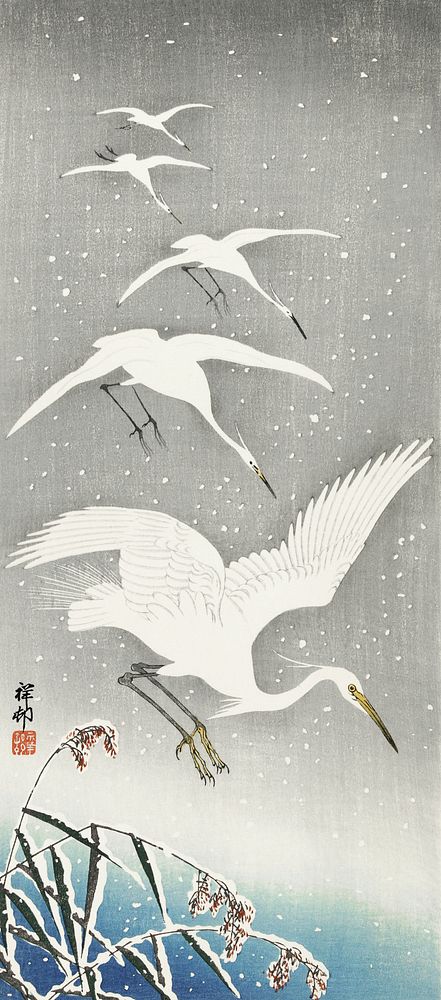 Descending egrets in snow (1925 - 1936) by Ohara Koson (1877-1945). Original from The Rijksmuseum. Digitally enhanced by…