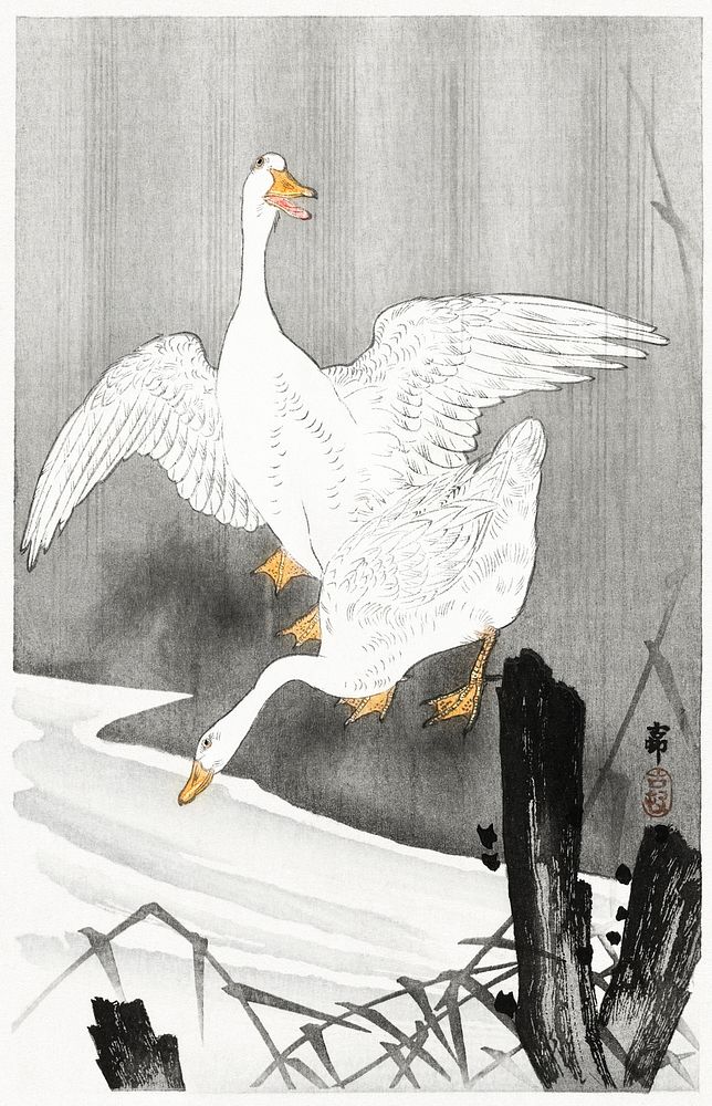 Two geese on a river (1900 - 1930) by Ohara Koson (1877-1945). Original from The Rijksmuseum. Digitally enhanced by rawpixel.