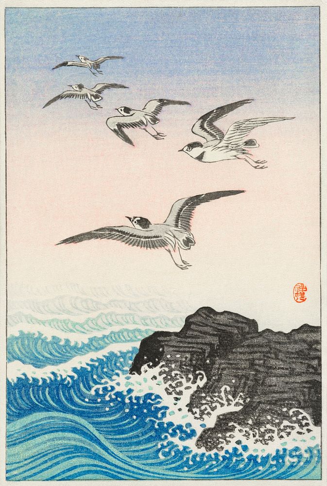 Five seagulls above the sea (1900 - 1945) by Ohara Koson (1877-1945). Original from The Rijksmuseum. Digitally enhanced by…