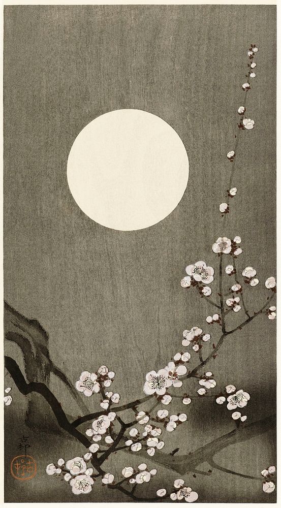 Blooming plum blossom at full moon (1900-1936) by Ohara Koson (1877-1945). Original from The Rijksmuseum. Digitally enhanced…
