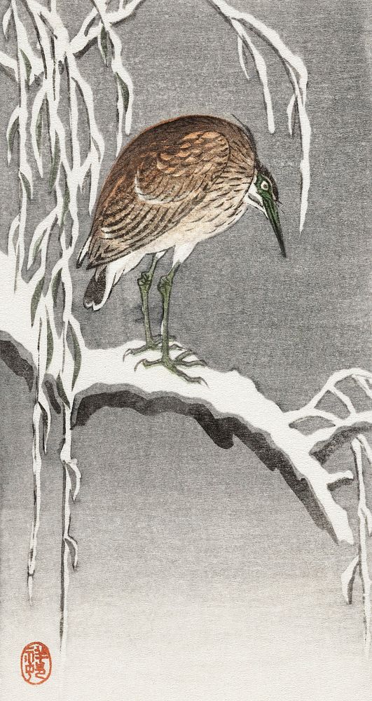 Heron on snowy tree branch (1925 - 1936) by Ohara Koson (1877-1945). Original from The Rijksmuseum. Digitally enhanced by…