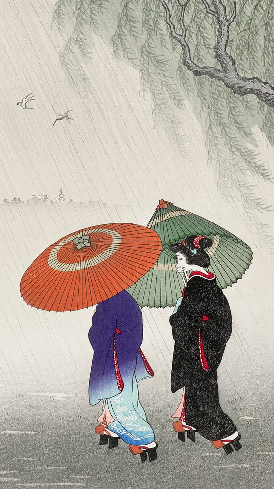 Ohara Koson iPhone wallpaper, phone background, Two women in the rain Japanese print