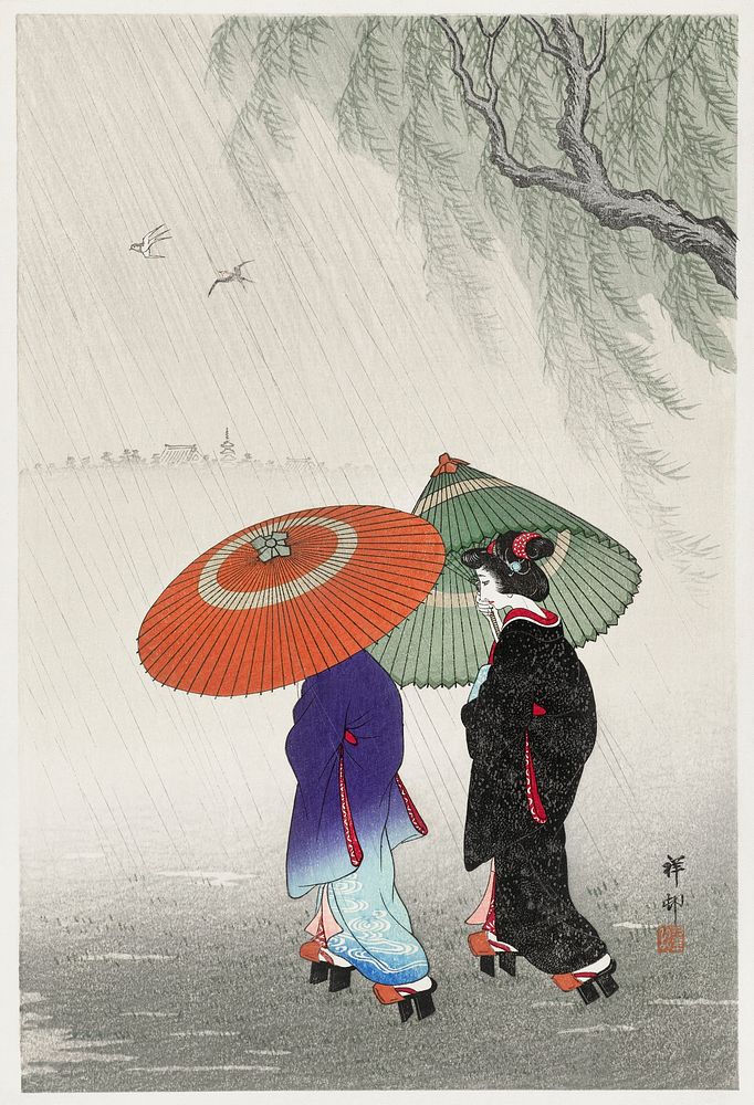 Two women in the rain (1925 - 1936) by Ohara Koson (1877-1945). Original from The Rijksmuseum. Digitally enhanced by…