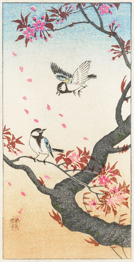 Two great tits at blossoming tree (1925 - 1936) by Ohara Koson (1877-1945). Original from The Rijksmuseum. Digitally…