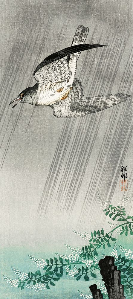 Cuckoo in storm (1925 - 1936) by Ohara Koson (1877-1945). Original from The Rijksmuseum. Digitally enhanced by rawpixel.