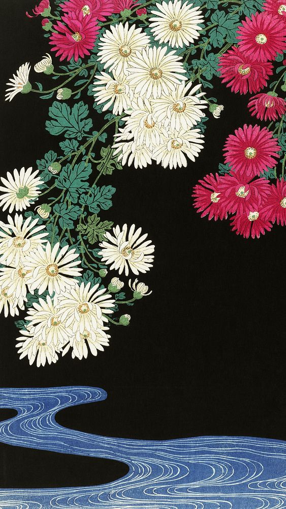 Ohara Koson mobile wallpaper, phone background, Chrysanthemums Japanese print