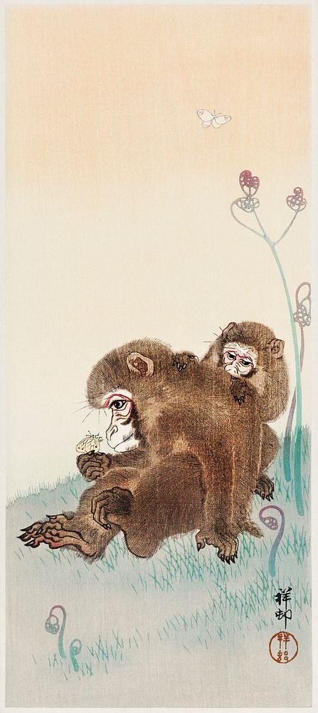 Two monkeys (1900 - 1945) by Ohara Koson (1877-1945). Original from The Rijksmuseum. Digitally enhanced by rawpixel.