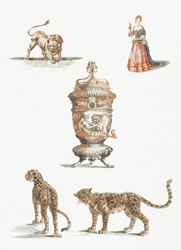 A lion, a standing woman, a fountain and two leopards by Johan Teyler (1648-1709). Original from Rijks Museum. Digitally…