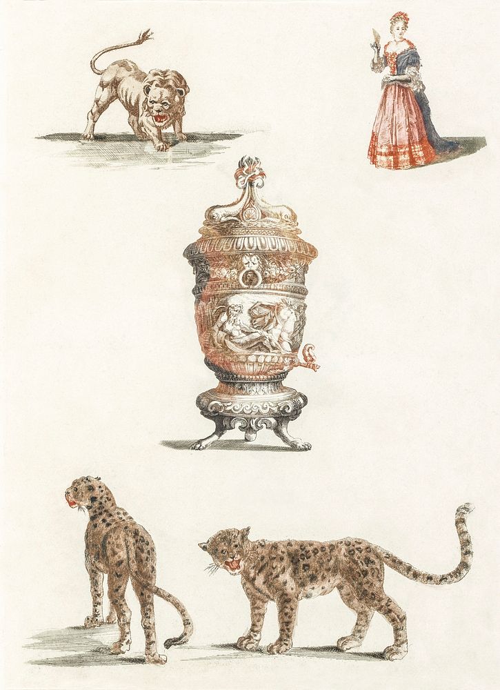 A lion, a standing woman, a fountain and two leopards by Johan Teyler (1648-1709). Original from The Rijksmuseum. Digitally…