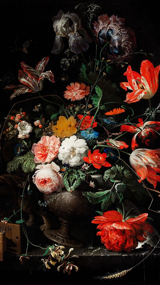 Vintage flower mobile wallpaper, iPhone background, The Overturned Bouquet painting, remix from the artwork of Abraham Mignon