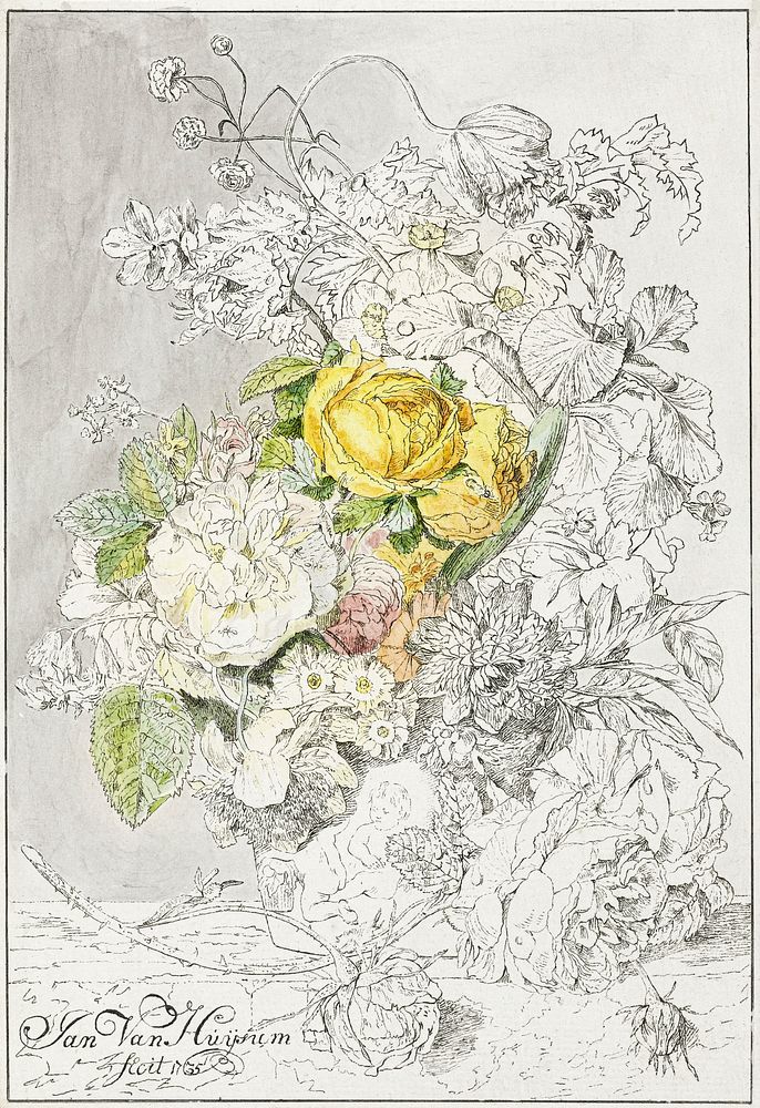 Flower arrangement (1778) by Cornelis Ploos van Amstel. Original from The Rijksmuseum. Digitally enhanced by rawpixel.