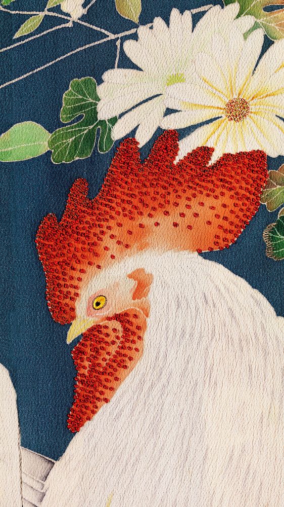 Vintage mobile wallpaper, iPhone background, Rooster pattern on kimono fabric