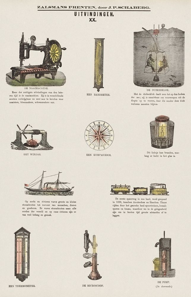 Illustration of 11 representations of inventions such as sewing machine, barometer, and compass (1869&ndash;1882) by…
