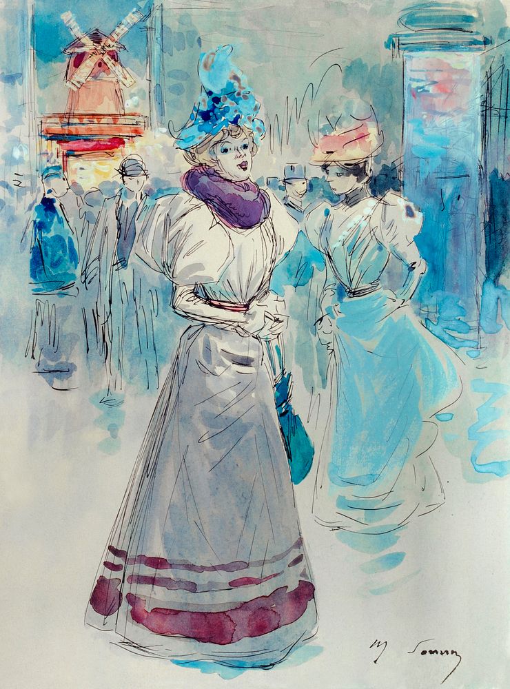 Elegant in a blue hat in front of the Moulin Rouge, place Blanche, 18th arrondissement (1890-1900) painting in high…