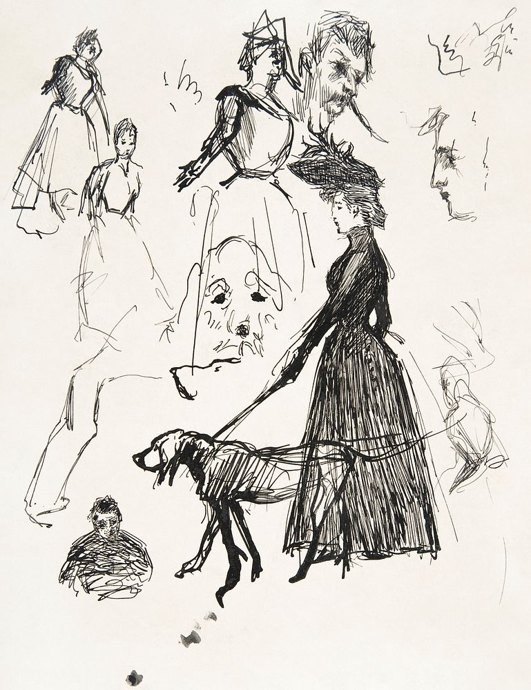 Sketches of Andr&eacute;e Bonnard, the dog Ravageau, Claude Terrasse and, at lower left, the artist, himself (1889) drawing…