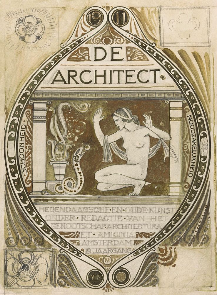 Design for the cover of De Architect (1878&ndash;1938) painting in high resolution by Richard Roland Holst. Original from…