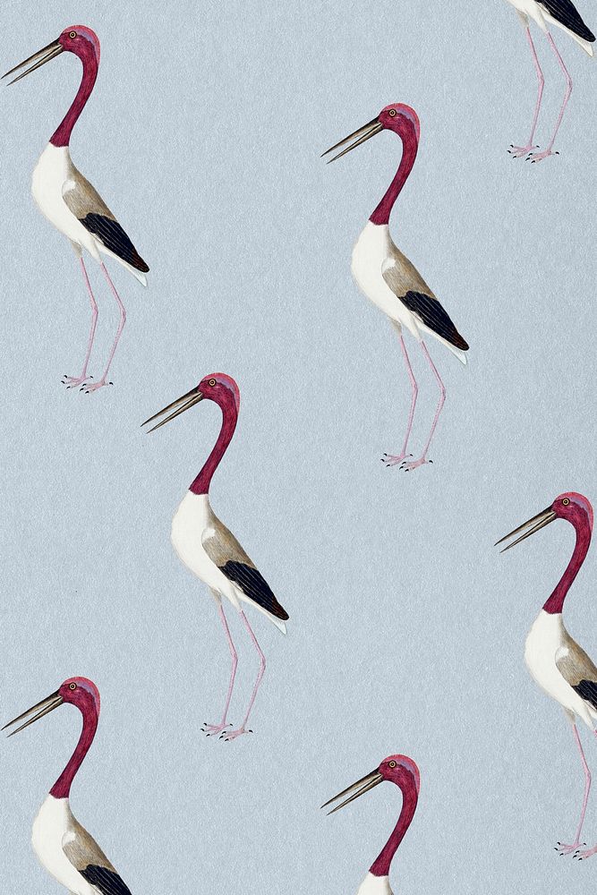 Long-legged wading bird vintage seamless patterned background template