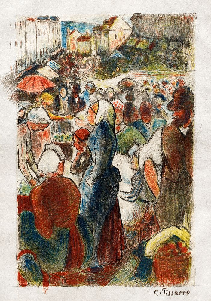 The Gisors Market, Rue Cappeville (ca. 1894) print in high resolution by Camille Pissarro. Original from the Sterling and…