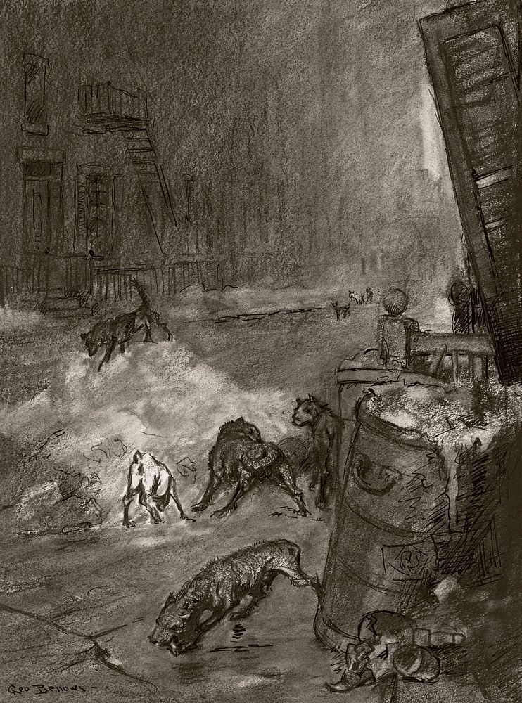 Hungry dogs (1907-1910) drawing in high resolution by George Wesley Bellows. Original from the Boston Public Library.…