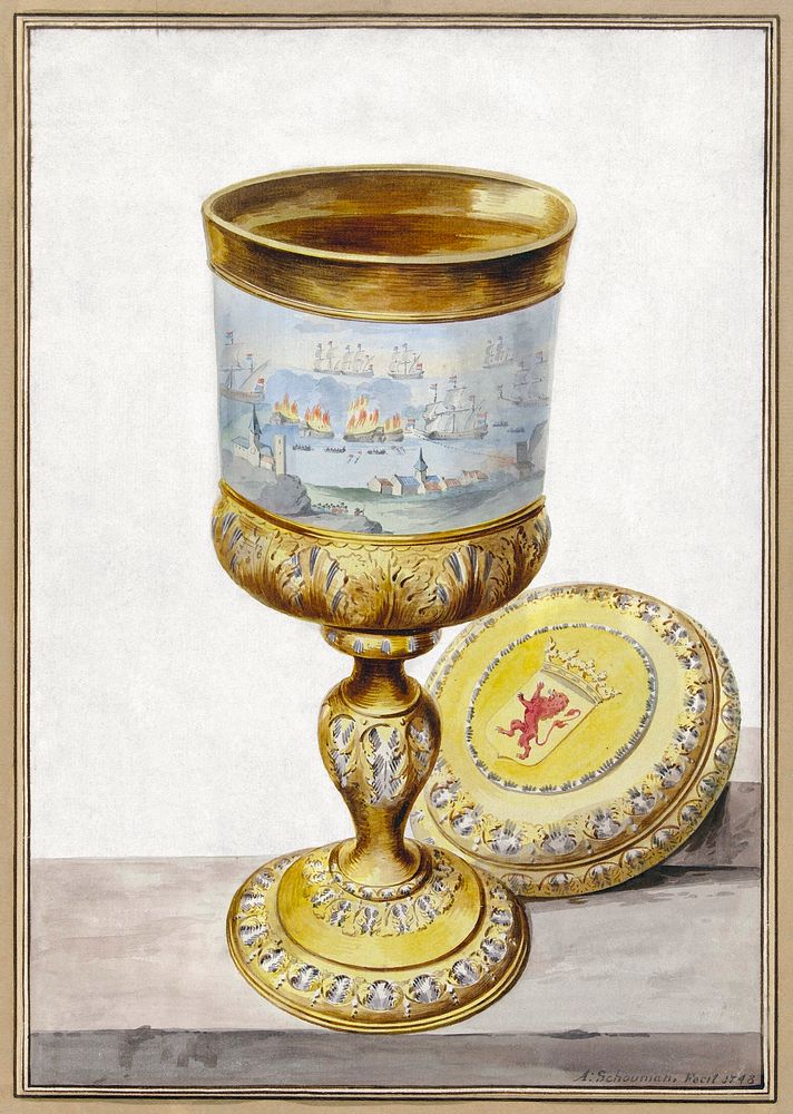 Golden cup with lid, donated to Cornelis de Witt on the occasion of the Tour to Chatham, 1667 (1748) painting in high…