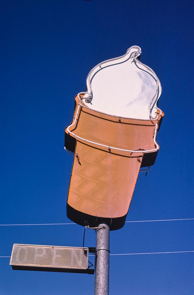 Drive Inn ice cream sign, Rt. 54B, Eldon, Missouri (1980) photography in high resolution by John Margolies. Original from…