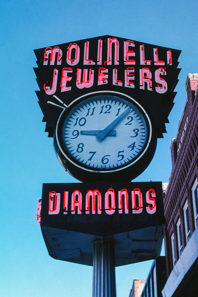 Molinelli Jewelers street clock, neon, Main Street, Pocatello, Idaho (2004) photography in high resolution by John…