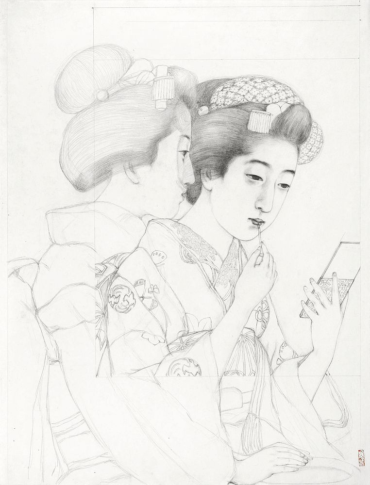 Woman Holding a Lip Brush (1920) drawing in high resolution by Goyō Hashiguchi. Original from the Minneapolis Institute of…