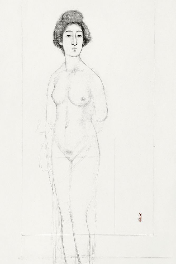 Study of a frontally posed nude during early 20th century drawing in high resolution by Goyō Hashiguchi. Original from the…