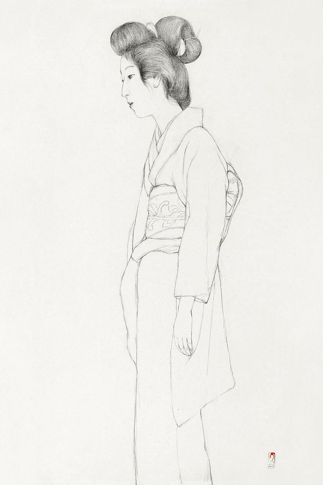 Study of a standing woman during early 20th century drawing in high resolution by Goyō Hashiguchi. Original from the…