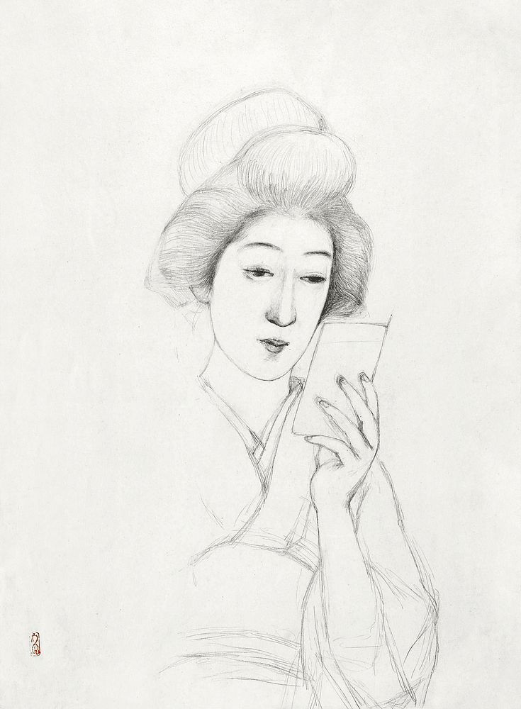 Study of a seated woman holding a mirror during early 20th century drawing in high resolution by Goyō Hashiguchi. Original…