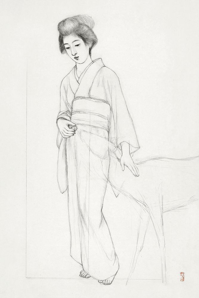Study of a standing woman stroking a deer during early 20th century drawing in high resolution by Goyō Hashiguchi. Original…