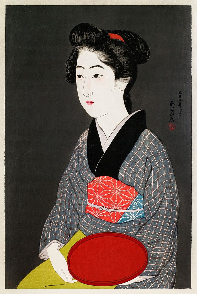 Waitress Holding a Tray (Portrait of Onao, a Maid at the Matsuyoshi Inn, Kyoto) (1920) print in high resolution by Goyō…