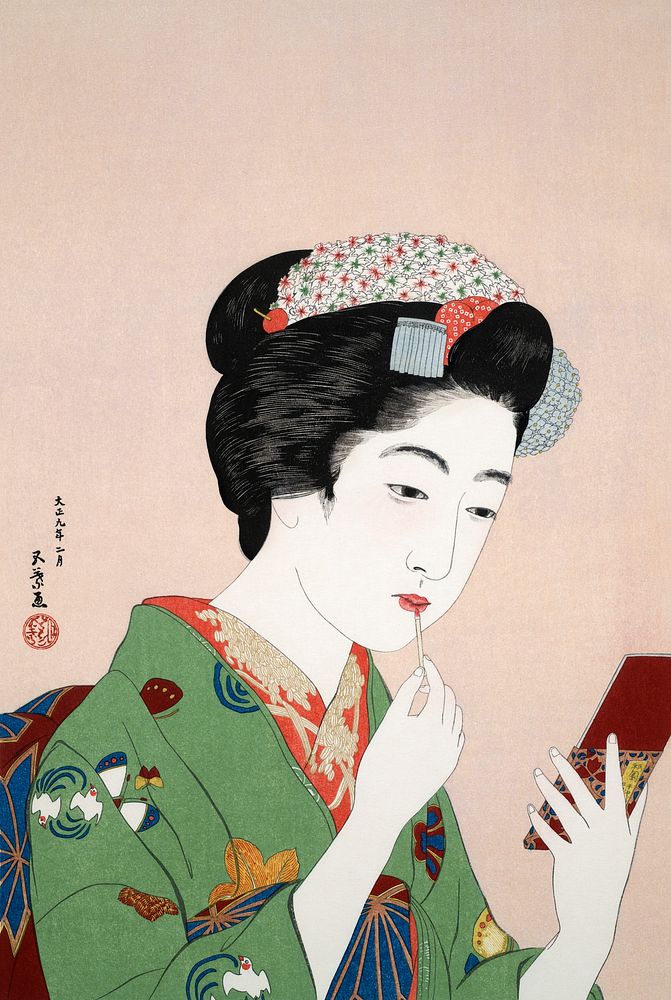 Woman Applying Rouge (1920) print in high resolution by Goyō Hashiguchi. Original from the Yale University Art Gallery.…